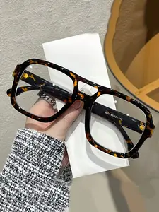 Unisex Fashion Anti-Blue Light Glasses, Leopard Print and Solid Color, Casual Large Square Frame, Daily Commute Wear, All Seasons, Leopard Pattern Eyeglasses