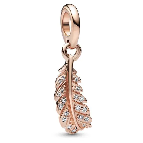 Pandora Floating Curved Feather Dangle Charm 782578C01, Bling Effect Costume Jewelry Charm for Female Adults, Spring Fashion Accessory