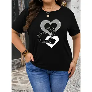 Soft Touch, Chic Heart-to-Heart Graphic Tee - Casual Crew Neck, Short Sleeve, Cotton, Machine Washable - Black, Casual T Shirt