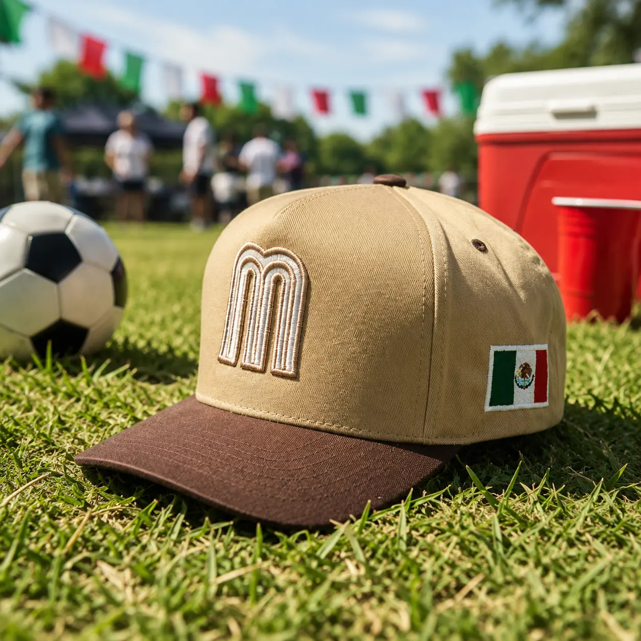 Mexico Baseball Cap for Men & Women – Structured Tan Snapback Hat with Mexican Flag Patch & 3D Embroidered “M”, Game Day, Tailgate, Soccer Fan, Summer Outdoor Casual Wear