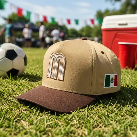 Unisex Classic Baseball Cap - Tan Structured Adjustable Snapback, Mexico-Themed Retro Style, Mexican Flag Patch, 3D Embroidered "M" & M-1, Embroidered Headwear, Men's Hats, Hats for Women, Casual Game Day Streetwear Fit for Most Head Sizes