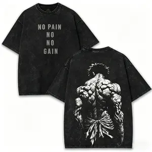 Men's Classic 230g Vintage Washed Heavyweight Cotton Ribbed Seamless Short-Sleeve Unisex Oversized Streetwear Apparel, "No Pain No Gain" Muscular Back Figure T-Shirt