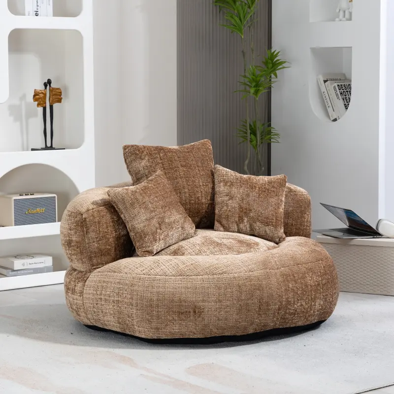 COOLMORE Coffee Chenille Lazy Sofa, Durable Comfort with Three Pillows, High Back Bean Bag Chair for Adults & Kids, Gaming Sofa for Bedroom & Office