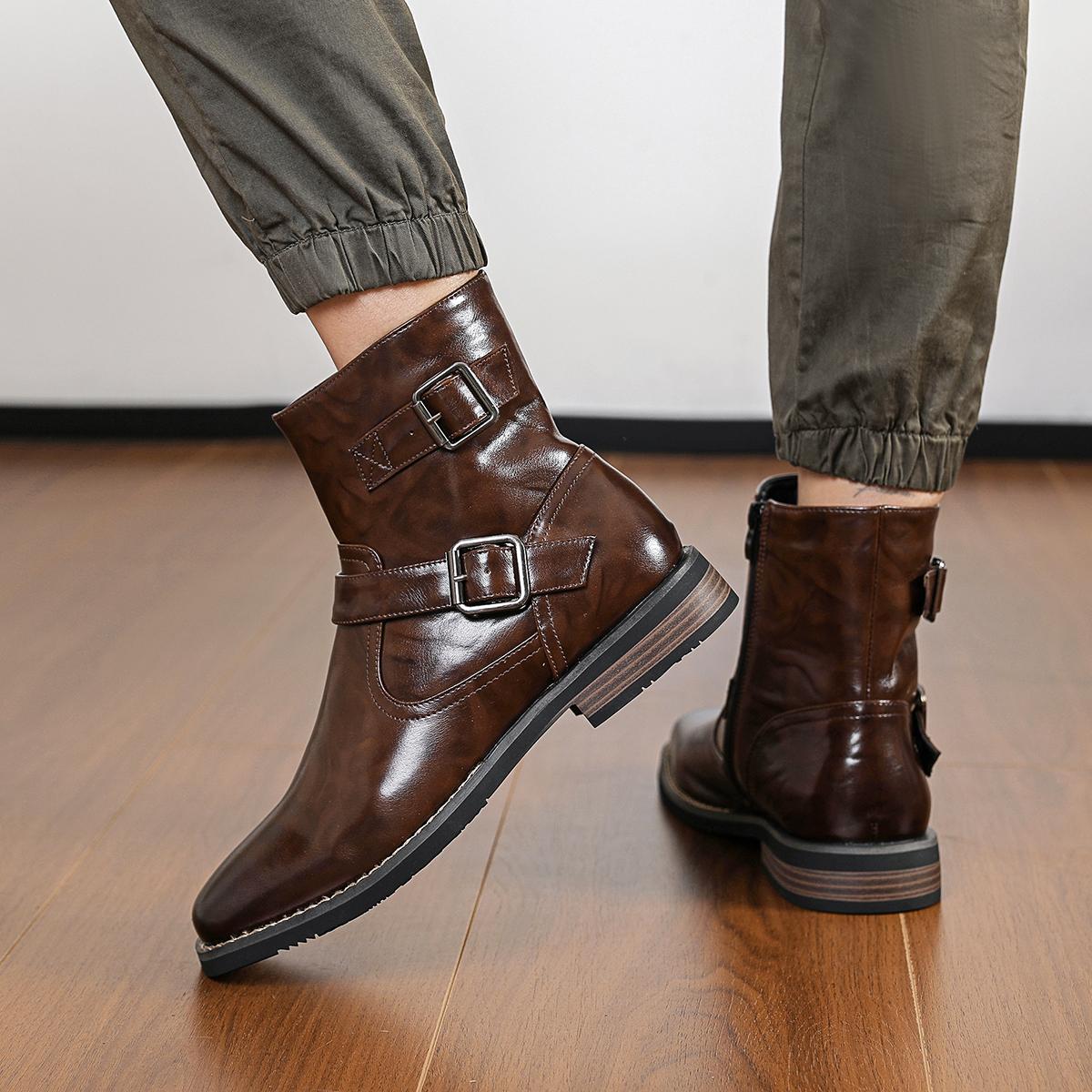 CYUW Men’s Retro Buckle Ankle Boots, Side Zipper Chelsea Boots, Everyday Casual Low-Heeled Dress Boots (Black/Brown)