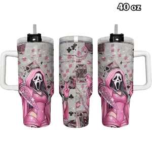 Pink Horror Killer Ghostfface Playing Cards Tumbler 40oz, Spooky Aesthetic Drinkware For Women, Car Cup Portable, Stainless Steel Cup With Handle, Halloween Gift Idea | 060426.R3052.ID00