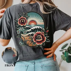 Comfort Colors Traditional Floral Beach Sunset Tshirt, Comfort Colors Beach Vacation Shirt, Women's Mother's Day Birthday Gift for Her, Beach Lover Tee
