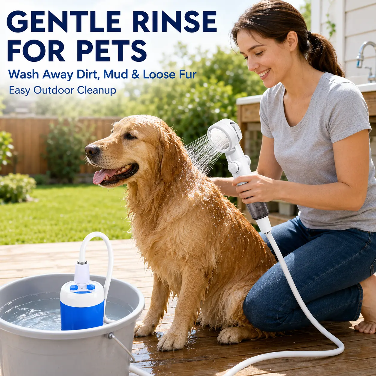 Portable camping shower device, 4000mAh USB‑C rechargeable electric shower pump, dual water flow settings, 6.5 ft hose, filtered shower head, hooks and suction cup mounts, suitable for camping, RVs, beaches, pet bathing, and car rinsing