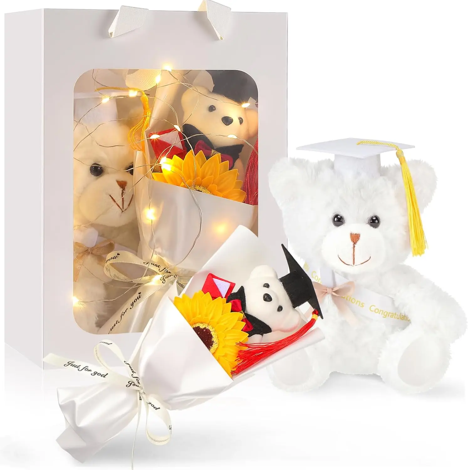 Champagne Class of 2026 Graduation Bear Gift Set, Lightweight Grad Animal Bear with Gown, Hat, Tassel, Grad Card, Soap Box, Bouquet Prop & Party Decoration for Her Him, Flower