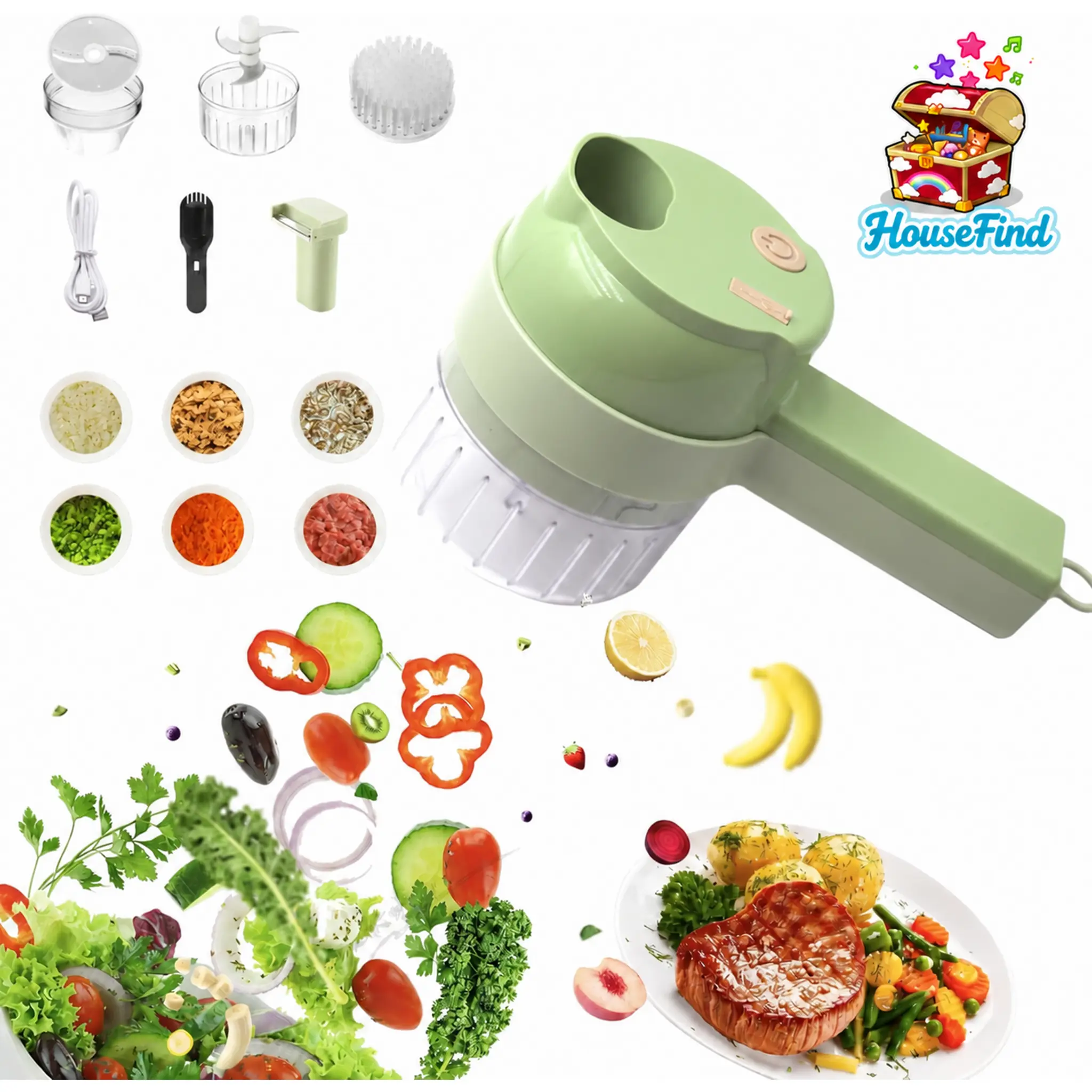 USB Rechargeable Electric Vegetable Chopper, 4-in-1 Cordless Handheld Mini Food Processor & Slicer Kit for Garlic, Onion & Small Peppers, Compact Portable Kitchen Tool for Small-Batch Chopping, Salad Prep & Everyday Cooking