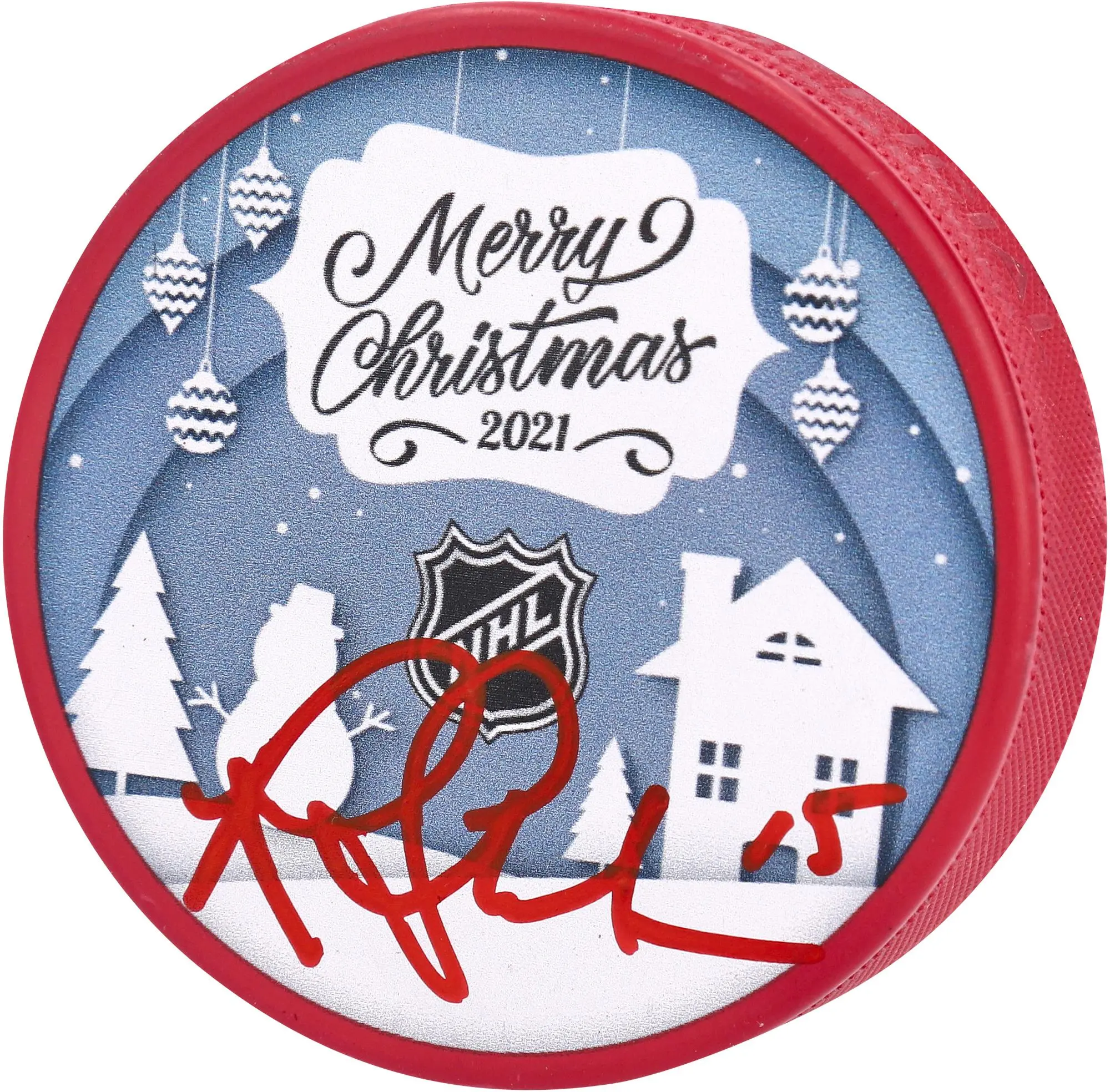 Riley Sheahan Seattle Kraken Autographed Happy Holidays Logo Hockey Puck - NHL Auctions Exclusive - Fanatics Authentic Certified