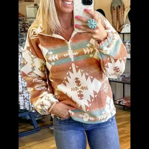 Women's Aztec Pattern Half-Zip Sweatshirt, Elastic Cuff Long Sleeve Pullover, Casual Fashion Top for Spring & Fall Seasons