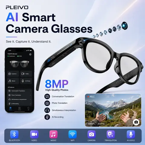 PLEIVO Classic AI Smart Glasses - Unisex Adults Wearable Device with 8MP HD Camera, 1080P Action Cam Video, Bluetooth Audio, Voice Call, Open-Ear Design, Photo Translation, Batteries Built-In, Cycling Vlog Ready