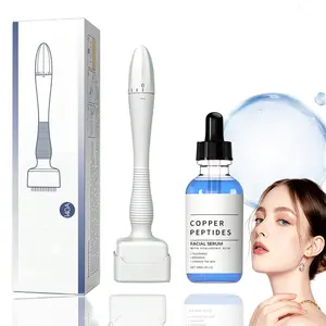 Copper Peptides Serum with Hyaluronic Acid,Collagen Boosting Tightening Repair FacialSerum + Adjustable Facial Beauty Derma Stamp& Scalp Massager Skincare Tool Set