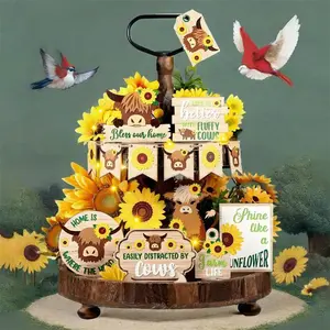 Summer Wooden Trapezoidal Tray Decor Set, 16-Piece Sunflower Highland Cow Farmhouse Style Desktop Ornament Decoration Items (no Tray Included)