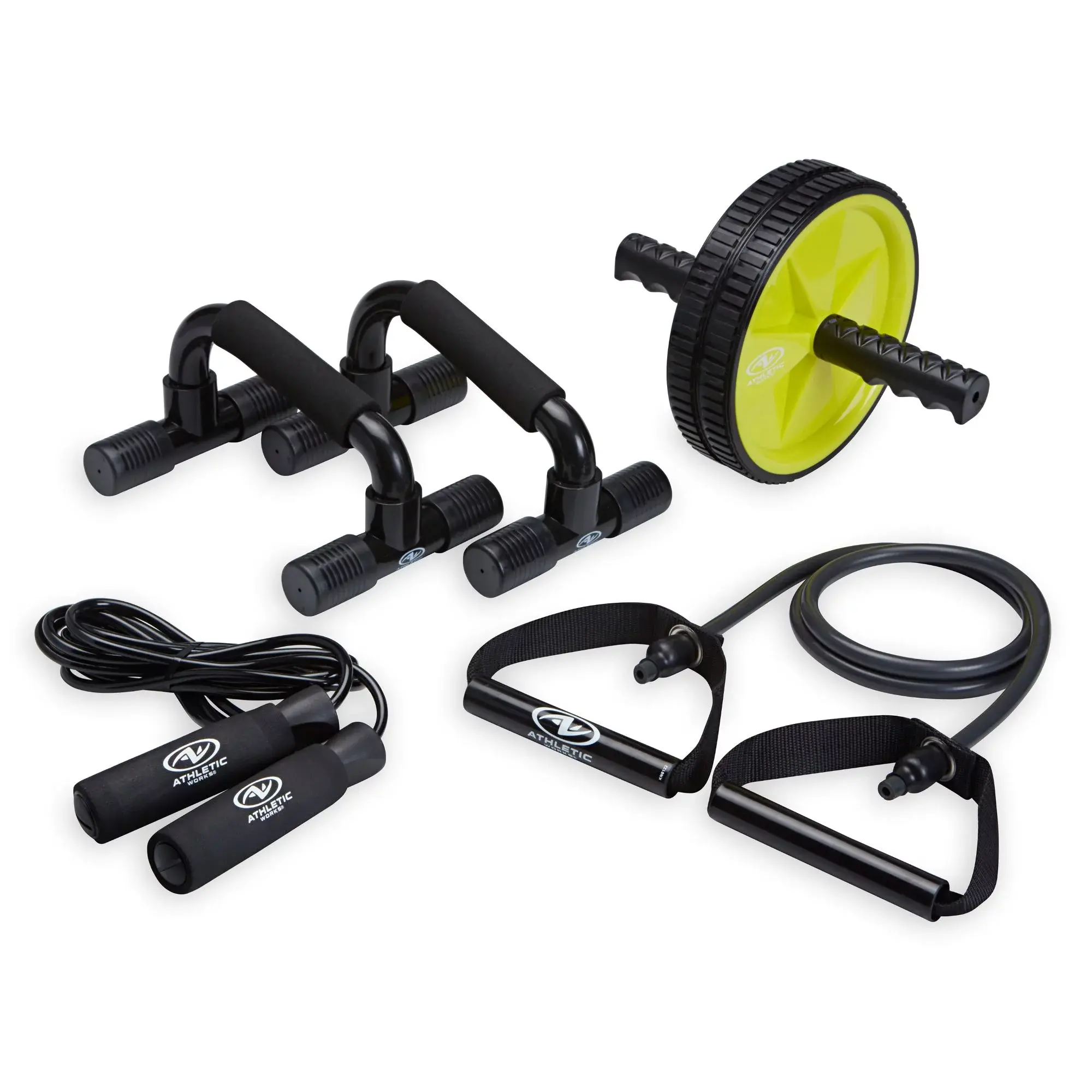 Athletic Works Home Gym Kit, Includes Resistance Tube, Ab Wheel, Jump Rope and Push-Up Bars FIT FOR LIFE