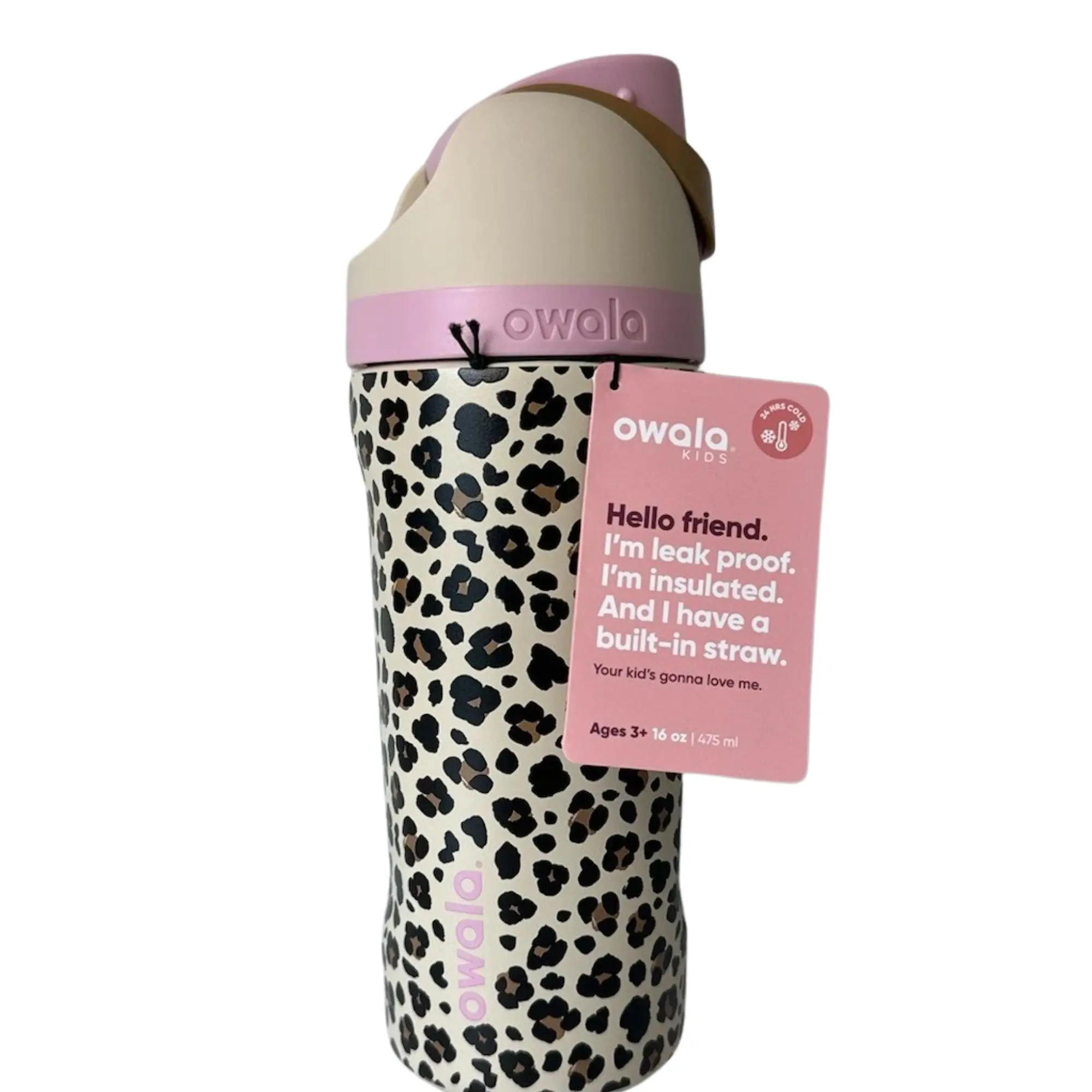 Owala Wild Pink Leopard + Cat & Jack 16oz FreeSip Insulated Water Bottle, Leakproof Reusable Travel Bottle, BPA-Free Drinkware