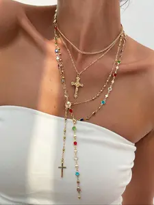 4-Piece Boho Cross Necklace Set - Retro Metal Y-Chain with Colorful Crystal Beads, Adjustable Layered Jewelry, Layering Necklaces, Layered Necklaces for Music Festivals & Beach Vacations, Women’s Graduation Gift & Pride Month Accessory