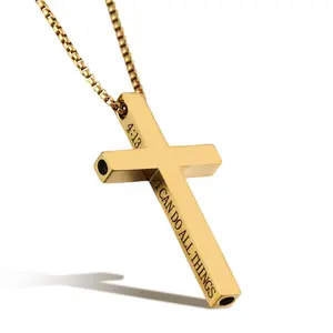 Cross Breathing Necklace, Engraved I Can Do All Things Pendant, Stainless Steel Anxiety Breathing Necklace for Men Women Teens, Mindful Breath Whistle Christian Gift