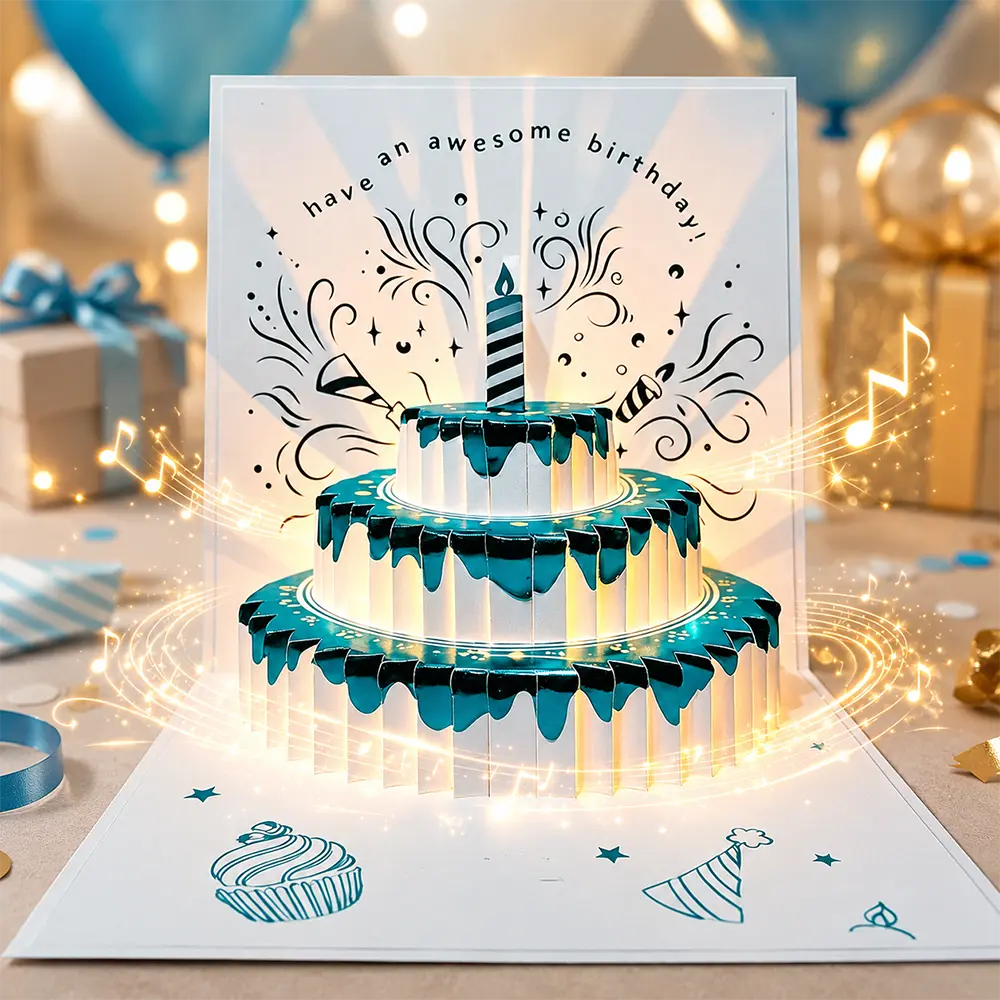Light Up Music Pop-up Birthday Card for Women Men Kids, 3D Cake Greeting Card with LED Lights & Birthday Song, Unique Birthday Meaningful Gift for Mom Dad Friends, Includes Envelope Birthday Card for Boyfriends