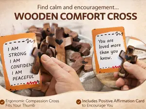 Wooden Comfort Cross with Positive Affirmation Card Ergonomic Prayer Cross for Personal Devotion and Prayer Time Includes Natural Walnut and Olive Wood Unique Wood Grain Patterns