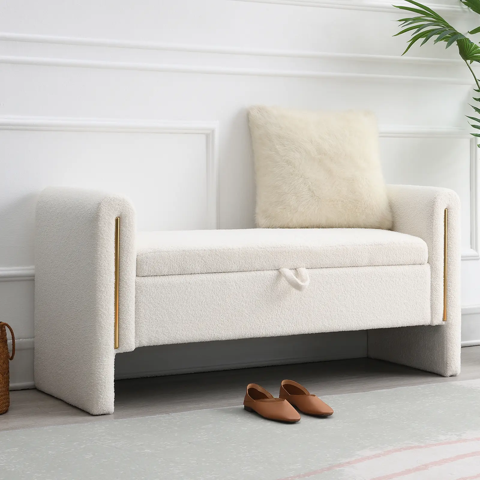 Storage Ottoman Bench, Superior Teddy Upholstered Storage Bench with Strong Construction, Multifunctional Bedroom Bench with Soft Armrests, Comfortable Ottoman Bench for Living Room, Bedroom