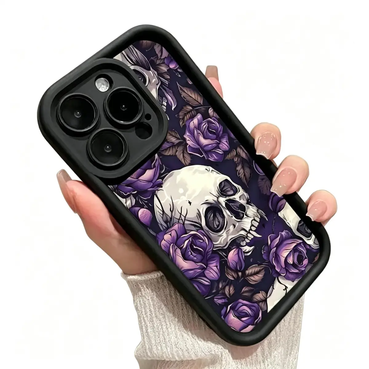 Purple Rose Skull Pattern TPU Smartphone Casing - Shockproof, Full Camera Protection, Durable Slim Silicone Cover for iPhone 17,16,15,14 Pro Max,13,12,11,X,XS Plus - Handheld Devices Mobile Phone Accessory