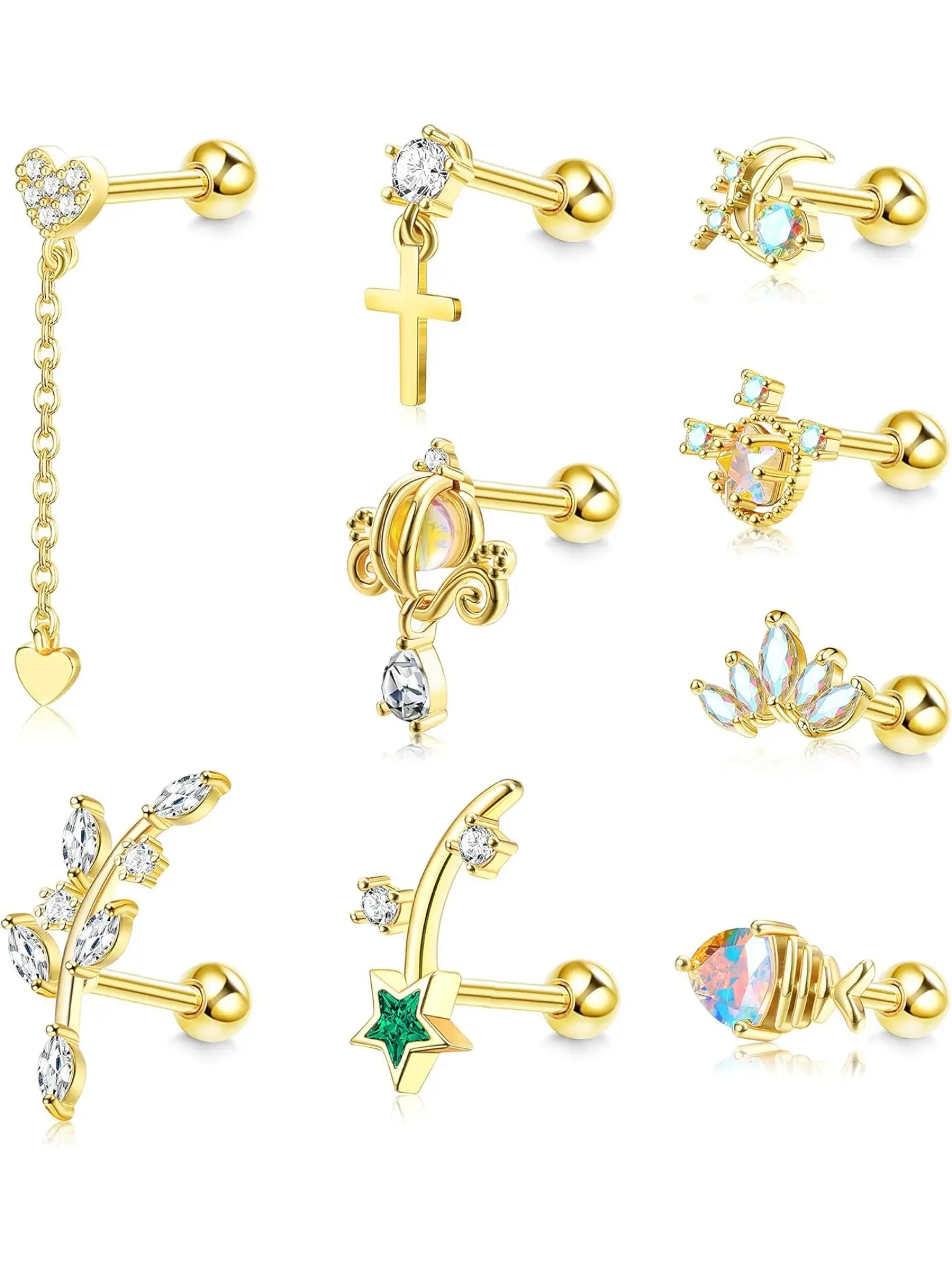 Delicate 9 Pcs Golden Elegant Stud Earrings 316L Stainless Steel 16G Cartilage Earring Studs for Women Men Sparkling CZ Tragus Conch Helix Ear Piercing Jewelry Set Studded Cross Earrings