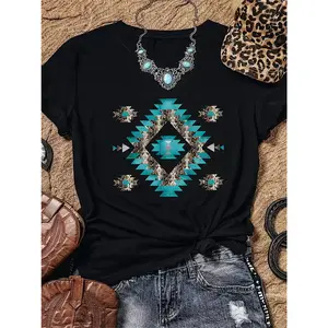 Women'S Western & Indian-Inspired Graphic T-Shirt - Black Short Sleeve Crew Neck Top with Turquoise Geometric Design, Casual Spring/Summer Wear, Casual Attire | Crew Neck Top | Vibrant Print Top Womenswear Tshirt Streetwear Crewneck Fitted Shortsleeve