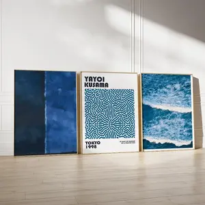 Set of 3 Neutral Nordic Prints Modern Blue Abstract Art