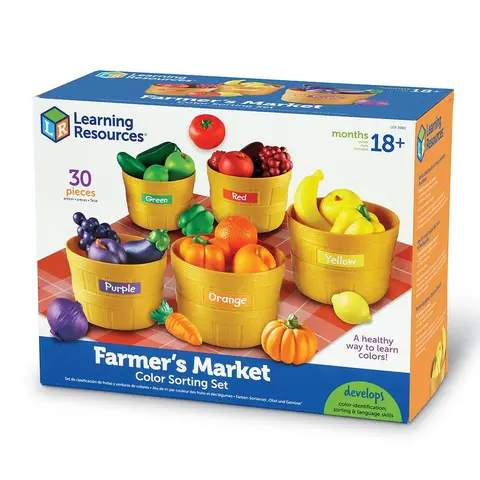 Learning Resources Farmer's Market Color Sorting Set - Realistic Fruit & Vegetable Toys for Color Recognition & Sorting Skills Ages 18M+
