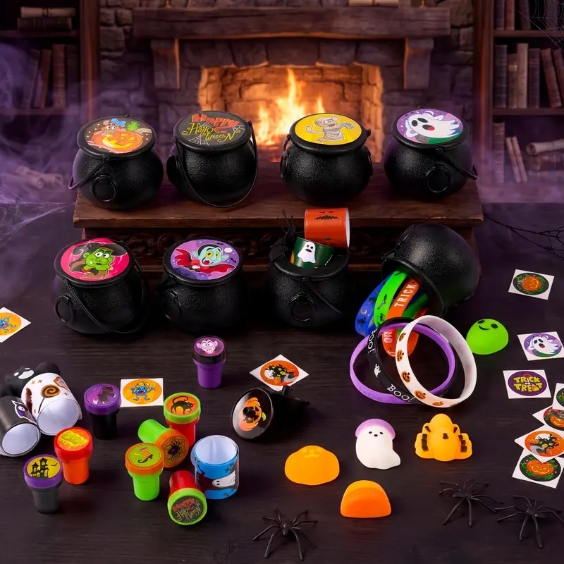144 Pcs Halloween Toy Gifts for Kids, 24 Packs Prefilled Mini Pumpkin Buckets for Kids Halloween Party Favors Trick or Treat 144Pcs Witch's Jar (24 Packs)