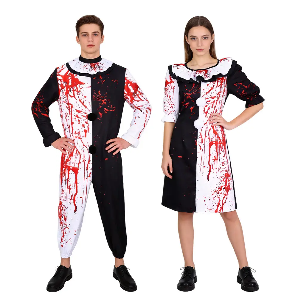 Men's Vintage Horror Tattered Ripped Clown Jumpsuit Costume Set - Black and White, Weathered Look, High-Quality Oversized, Breathable Stretch Fabric, Tie, Blood Spatter Detailing for Halloween Cosplay, Stage Performance, Extended Sizes Rayon Menswear, Pol