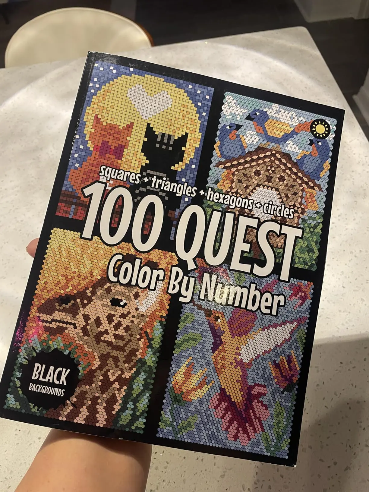 100 QUEST Coloring Book for Adults, Color By Number Activity Book with Squares, Triangles, Hexagons, Circles & Black Backgrounds, Paperback – Jan 1, 2023, Coloring Books