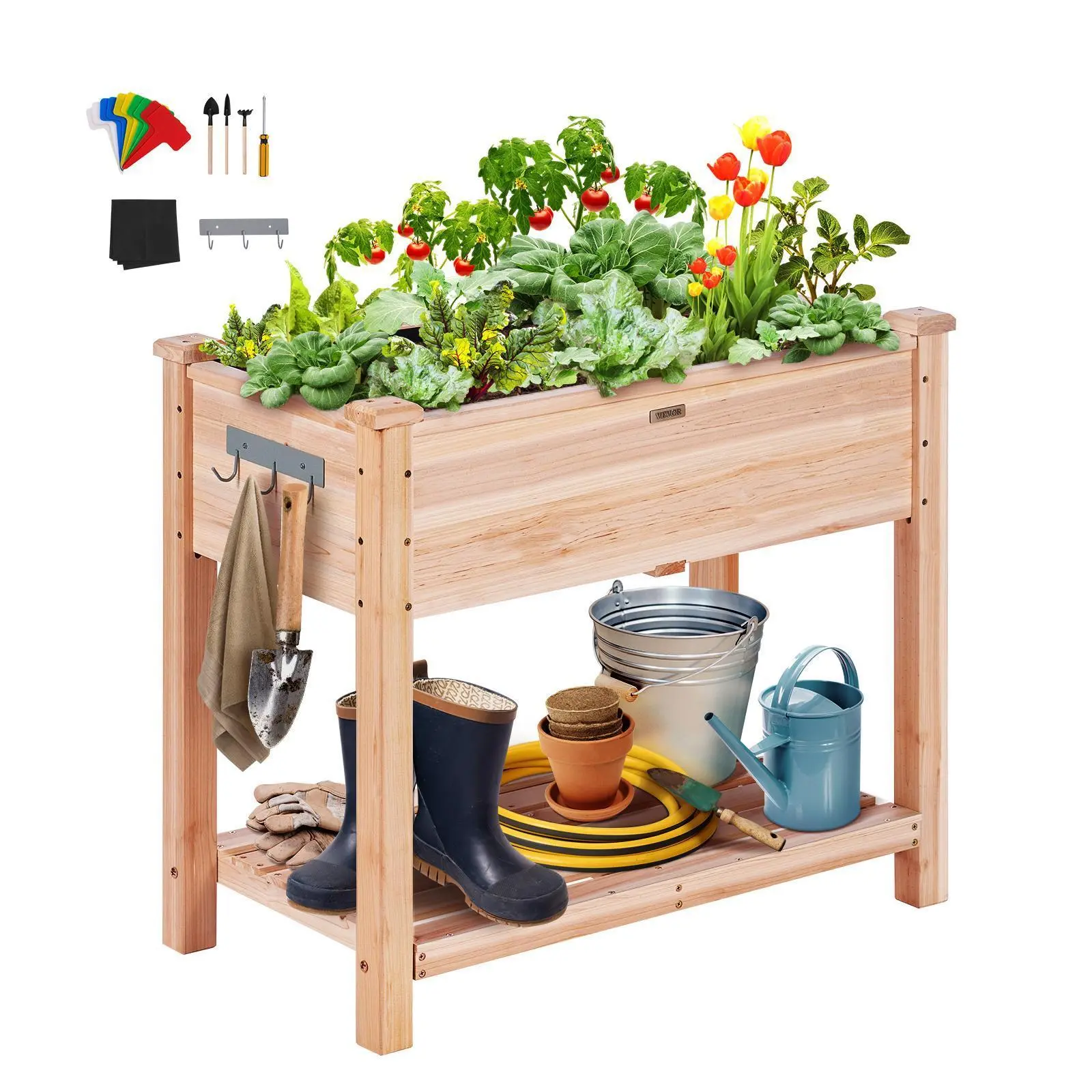 VEVOR Wooden Raised Garden Bed - 34x18x30 in Elevated Planter Box with Legs, 2-Tier Tool Shelf, 1 Hook, 1 Non-Woven Pad, Drain Holes, Vegetable Raised Garden Kits for Backyard/Patio, Burlywood#BacktoSchool, 2Tier Tool Shelf, 1 Set Of Planting Tools