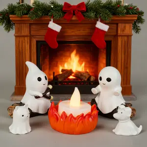 Winter Campfire Gathering Resin Nightlight for Home Mantel or Desk with Dog Cute Cozy Festive Statue Ornaments Christmas Decor