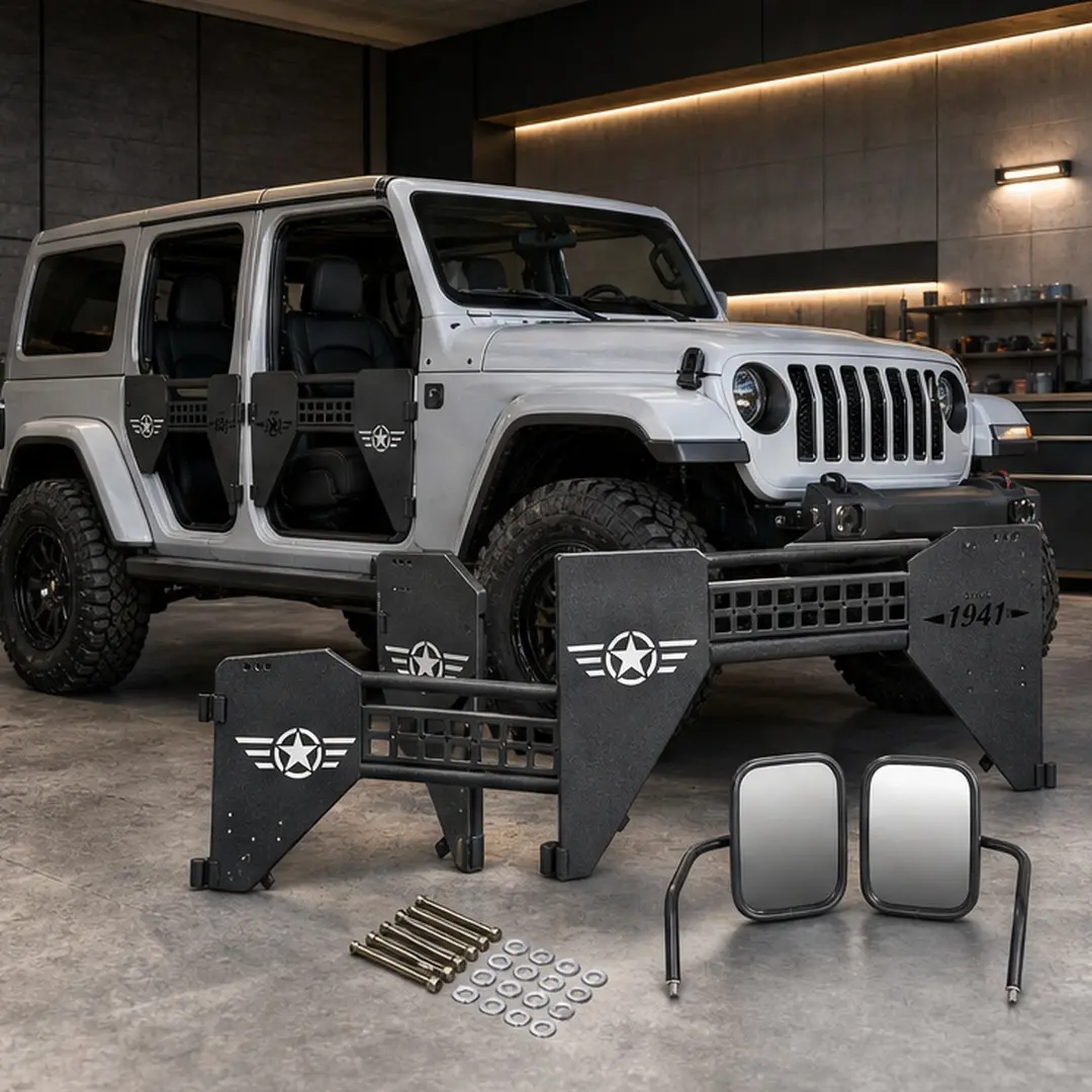 Steel Half Doors with Side View Mirrors for 2018-2026 Jeep Wrangler JL 4-Door & Gladiator JT, 1941 Tactical Molle Panel Design, Heavy Duty Black Set of 4, Black Color Options, Steel Material, Product Dimensions: Not Applicable W x Not