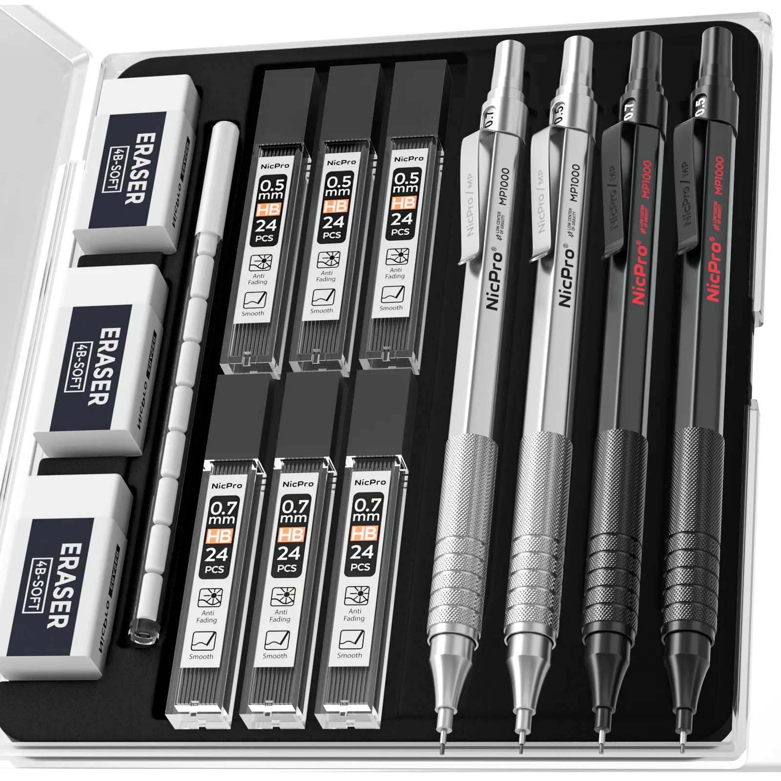 Nicpro Mechanical Pencils Set - 0.5mm & 0.7mm Compact Full Metal Dual Tip MP1000 Refillable Pencils, Case, HB Lead Refills, Eraser, Eraser Refills, Wear-Resistant Metal Body, Office Stationery for Artists, Writing (Black & Silver), Dual Tips
