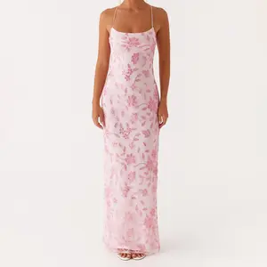 Women Beaded Flower Cami DressGlitter Sequin High Split Spaghetti Strap Open Back Long Dress for Party Club