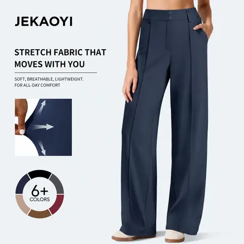 JEKAOYI Lady's Straight Leg Ponte Yoga Pants, Women's Clothing with Pockets - High-Rise Casual Elastic Waisted Full-Length, 80% Polyester-20% Spandex Polyester Blend for Office Work Clothes, Bottom
