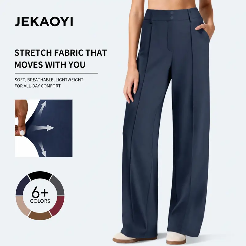 JEKAOYI Lady's Straight Leg Ponte Yoga Pants, Women's Clothing with Pockets - High-Rise Casual Elastic Waisted Full-Length, 80% Polyester-20% Spandex Polyester Blend for Office Work Clothes, Bottom