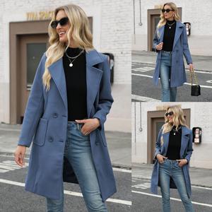 Molitree Women's Winter Wool Blend Camel Mid-Long Coat Notch Double-Breasted Lapel Jacket Outwear Casual Button Closure Elegant Fitted Basic Tops  Womenswear Outerwear Blue Collared Minimalist