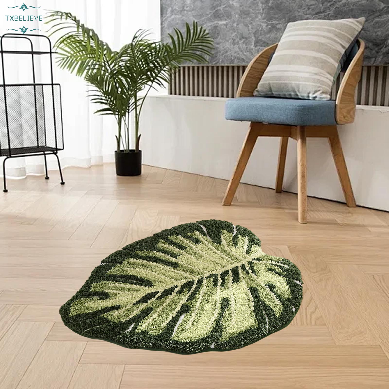 Cute Bathroom Rugs with Green Leaf Plant, Soft, Fluffy, Plush, Absorbent, Quick Dry, Non Slip, Machine Washable for Shower Floor, Bathroom, Bedroom,Kids Room, Monstera
