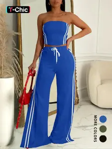 Women's Side Stripe Sleeveless Tube Top & Wide Leg Pants, Casual Fashion Cozy Fitted Clothing Set for Daily Outdoor Wear, Women Clothes for Spring Fall, Outfit Sets Women, Womenswear