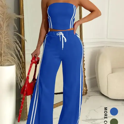 Women's Side Stripe Sleeveless Tube Top & Wide Leg Pants, Casual Fashion Cozy Fitted Clothing Set for Daily Outdoor Wear, Women Clothes for Spring Fall, Outfit Sets Women, Womenswear