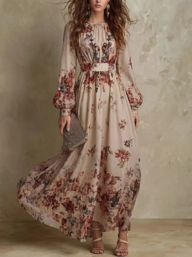 Women's Retro Floral Print Elegant A-Line Dress, Waist Cinching Design for Office Commute