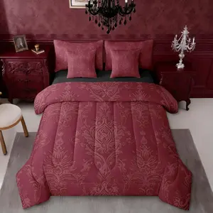Adults Damask 7 Piece Comforter Bed Set,Bed Bag,Antique Victorian Bedding Set,Bohemian Decor Exotic Baroque Comforter,Burgundy Red Vintage Floral Bed Set