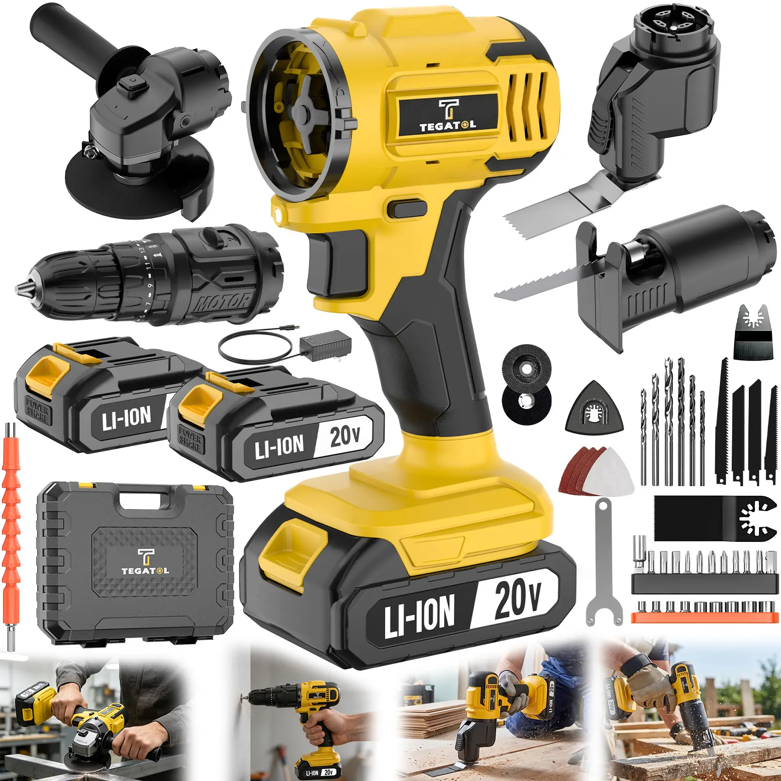 20V Brushless Cordless Power Tool Set, With Accessoriess, 4-in-1 Cordless Interchangeable Multi-Tool Set (Drill, Angle Grinder, Reciprocating Saw, Multi-functiona Scraper), 2000mAh Battery, Charger & Hard Case,Best Gift for Husband & Father