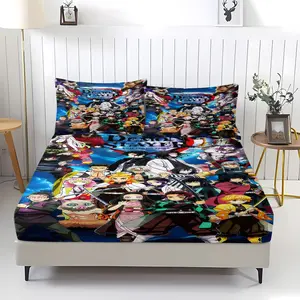 Demon Slayer All Characters Fitted Sheet Set, Anime Collage Print Bed Sheet Sets with 2 Pillowcases, Soft Bedding for Kids, Teens & Demon Slayer Fans