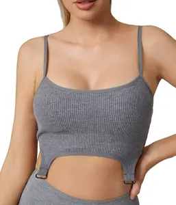 Women's Ribbed Knit Sports Bra with U Hem – Adjustable Spaghetti Strap Seamless Yoga Crop Top for Workout Gym Fitness