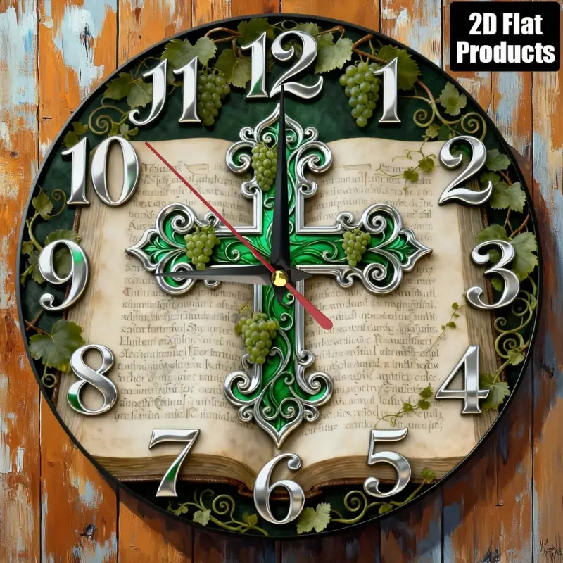 1 Retro Bible Cross Wall Clock - Large Easy-to-Read Hands and Dial, with Green Accents, 24.89x 24.89cm Round Imitation Wood Decoration, Suitable for Kitchen, Bedroom, Office - Christian Home Decoration Gift (No Chime, Kitchen Clock, Rustic Design)